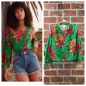 Anthropologie Farm Green Floral Tie Neck Rio Raquel Buttondown Top Size Small